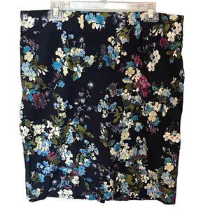 J. Jill Floral Ponte Pencil Skirt Navy Blue Floral Multicolor‎ Midi Stretch Sz L